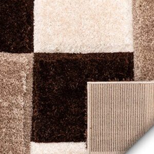 Well Woven Ella Brown Geometric Boxes Thick Soft Plush 3D Textured Shag Area Rug 4x6 (3'11" x 5'3")