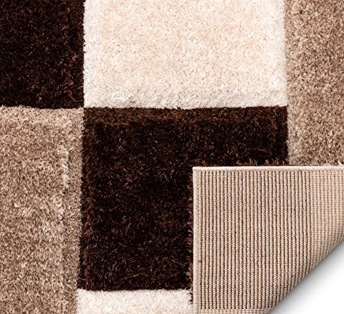 Well Woven Ella Brown Geometric Boxes Thick Soft Plush 3D Textured Shag Area Rug 4x6 (3'11" x 5'3")