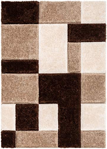 Well Woven Ella Brown Geometric Boxes Thick Soft Plush 3D Textured Shag Area Rug 4x6 (3'11" x 5'3")