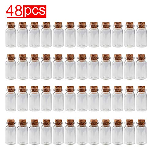 Mini Clear Glass Jars Bottles with Cork Stoppers for Arts & Crafts, Projects, Decoration, Party Favors - Size: 1-1/2" Tall X 3/4 Inches Diameter (48)