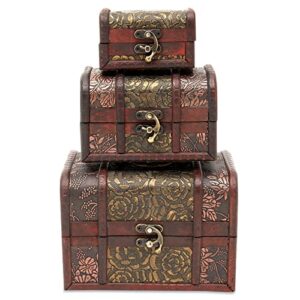 Set of 3 Small Wooden Treasure Chest Boxes with Flower Motif, Decorative Vintage Style Trunks for Jewelry Keepsakes (3 Sizes)