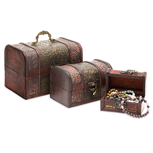 Set of 3 Small Wooden Treasure Chest Boxes with Flower Motif, Decorative Vintage Style Trunks for Jewelry Keepsakes (3 Sizes)
