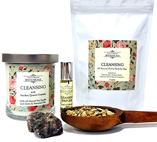 Cleansing Pure & Natural Ritual Kit 100% Natural & Non-Toxic for Purification, Bad Energy & Spiritual Cleansing with 1 Candle,a Roll-On Perfume & 3 Herbal Tea Bath Bags Pagan Hoodoo Conjure Wiccan