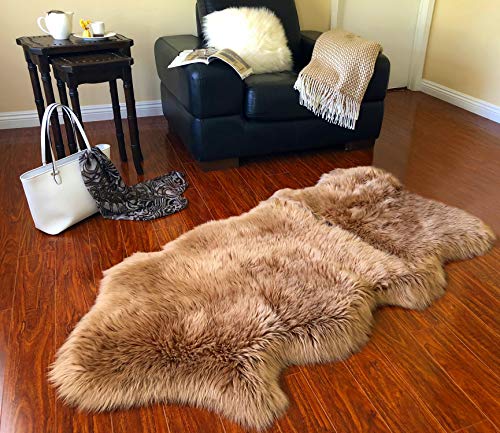 LAMBZY Faux Sheepskin Hypoallergenic Free Shape Silky Shag Rug, Luxury Shaggy Silky Plush Carpet for Bedrooms Rugs Living Kids Room Sofa Floor Rugs (Single and a Half 2'x4', 60x120 cm Camel)