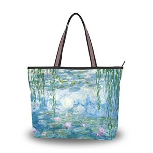 tote bag water lilies monet flower shoulder handbag travel beach bag with zipper