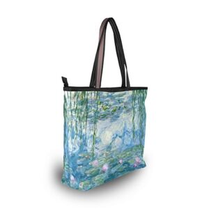 Tote Bag Water Lilies Monet Flower Shoulder Handbag Travel Beach Bag With Zipper