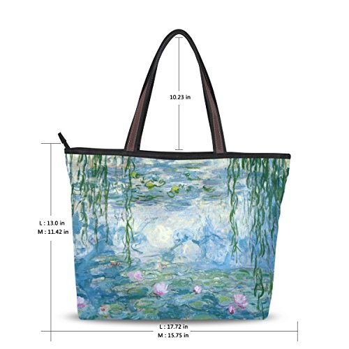 Tote Bag Water Lilies Monet Flower Shoulder Handbag Travel Beach Bag With Zipper