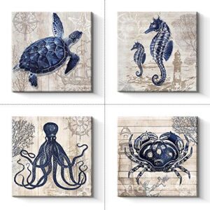 bathroom decor 4 panel canvas wall art – ocean theme canvas prints sea animal octopus crab seaturtle seahorse decor pictures livingroom posters – 12 x 12 x 4 pcs (12″ x 12″ x 4pcs)
