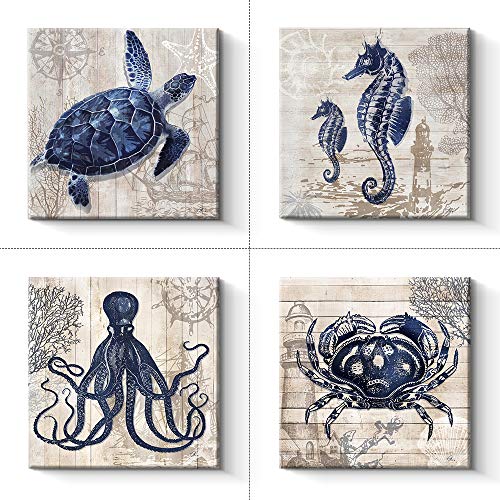 Bathroom Decor 4 Panel Canvas Wall Art - Ocean Theme Canvas Prints Sea Animal Octopus Crab Seaturtle Seahorse Decor Pictures Livingroom Posters - 12 x 12 x 4 pcs (12" x 12" x 4pcs)