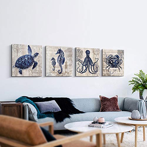 Bathroom Decor 4 Panel Canvas Wall Art - Ocean Theme Canvas Prints Sea Animal Octopus Crab Seaturtle Seahorse Decor Pictures Livingroom Posters - 12 x 12 x 4 pcs (12" x 12" x 4pcs)