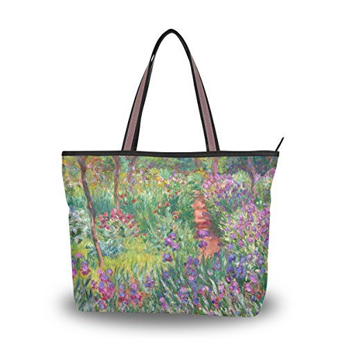 Tote Bag Iris Garden At Giverny Monet Art Shoulder Handbag Beach Bag With Zipper