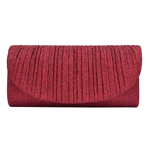 Premium Pleated Metallic Glitter Flap Clutch Evening Bag Handbag, Burgundy