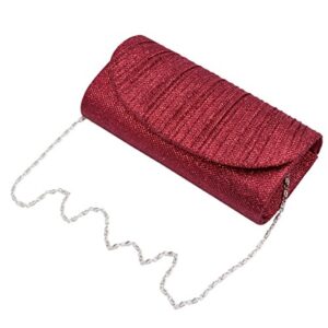 Premium Pleated Metallic Glitter Flap Clutch Evening Bag Handbag, Burgundy