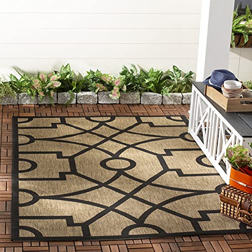 Martha Stewart by SAFAVIEH Collection 2'7" x 5' Dark Beige/Black MSR4121H Fretwork Indoor/ Outdoor Waterproof Easy-Cleaning Patio Backyard Mudroom Area-Rug