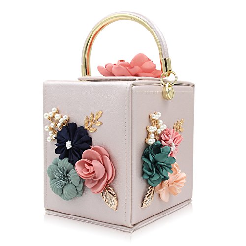 Milisente Evening Clutch Bag for Women Floral Square Box Evening Bags Crossbody Shoulder handBags Flower Wedding Clutch Purse (Beige)