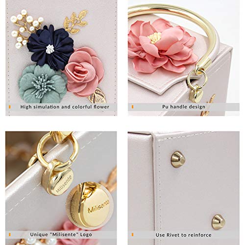 Milisente Evening Clutch Bag for Women Floral Square Box Evening Bags Crossbody Shoulder handBags Flower Wedding Clutch Purse (Beige)