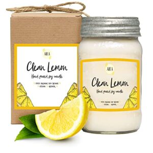 aira soy candles – organic, kosher, vegan, in mason jar w/ therapeutic grade essential oil blends – hand-poured 100% soy candle wax – paraffin free, burns 110+ hours – clean lemon – 16 ounces
