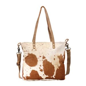 myra bag camel upcycled canvas & cowhide tote bag s-1465