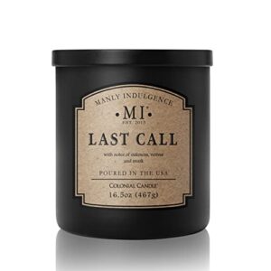 manly indulgence last call jar candle 16.5 oz – woodsy vetiver, oakmoss – citrus & spicy hints – eucalyptus – up to 60 hour burn – soy blend wax, usa poured