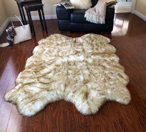 lambzy faux sheepskin hypoallergenic free shape silky shag rug, luxury shaggy silky plush carpet for bedrooms rugs living room sofa floor rugs (quarto 4 pelts 4’x6′, 120x180cm white with brown tips)