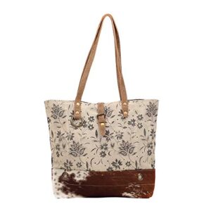 myra bag bract print upcycled canvas & cowhide tote bag s-1435