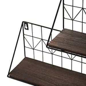 Mkono Floating Shelves Wall Mounted Set of 2 Rustic Wood Storage Display Shelf with Metal Wire Basket 11.5 Inches, Hanging Shelf for Bedroom Bathroom Living Room Kitchen Office, Brown,Small