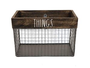 rae dunn by designstyles wire storage basket – metal and solid wood organizer – decorative folder bin – for office, bedroom, living room, closet and more