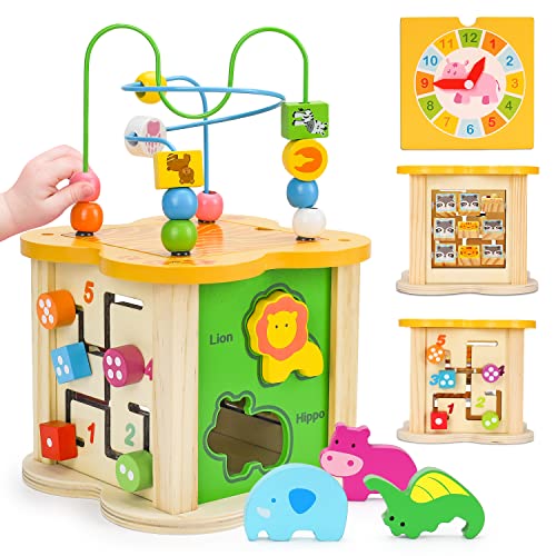 Wooden Baby Toys Activity Cube 6-in-1 Play Center Bead Maze Animal Shape Sorter Learning Montessori Sensory Infant Easter Toys 6 12 9 18 Month 1 2 Year Old Development Toddler Boys Girls Easter Gift