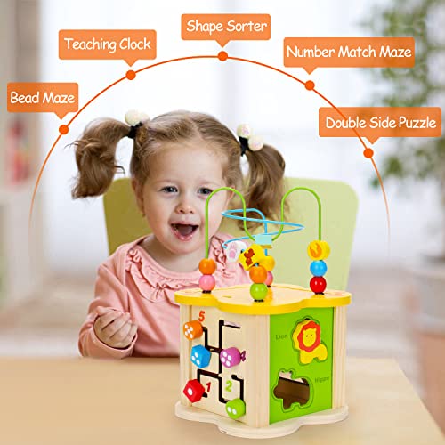 Wooden Baby Toys Activity Cube 6-in-1 Play Center Bead Maze Animal Shape Sorter Learning Montessori Sensory Infant Easter Toys 6 12 9 18 Month 1 2 Year Old Development Toddler Boys Girls Easter Gift