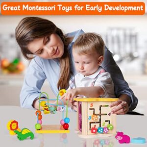 Wooden Baby Toys Activity Cube 6-in-1 Play Center Bead Maze Animal Shape Sorter Learning Montessori Sensory Infant Easter Toys 6 12 9 18 Month 1 2 Year Old Development Toddler Boys Girls Easter Gift