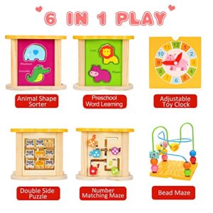 Wooden Baby Toys Activity Cube 6-in-1 Play Center Bead Maze Animal Shape Sorter Learning Montessori Sensory Infant Easter Toys 6 12 9 18 Month 1 2 Year Old Development Toddler Boys Girls Easter Gift