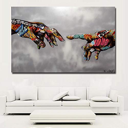 FaiCai Art Classic Street Art Banksy Graffiti Paintings Canvas Wall Art Adam Hand of God Pop Art Prints Posters Abstract Colorful Modern Wall Decor Pictures Home Office Decor Framed 32"x48"