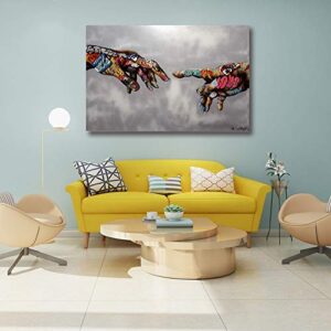 FaiCai Art Classic Street Art Banksy Graffiti Paintings Canvas Wall Art Adam Hand of God Pop Art Prints Posters Abstract Colorful Modern Wall Decor Pictures Home Office Decor Framed 32"x48"