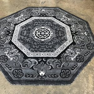 Carpet King Traditional Persian Oriental Octagon Area Rug Grey Black Silver Gray Design 101 ( 7 Feet 3 Inch X 7 Feet 3 Inch )