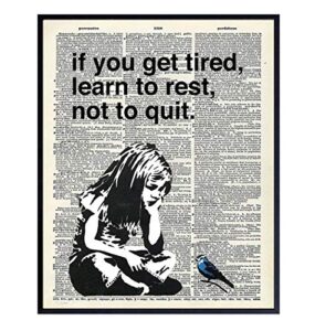 banksy rest don’t quit – unframed dictionary wall art print – makes a great gift for home decor, living room, bedroom – ready to frame (8x10) vintage photo – girl with bird