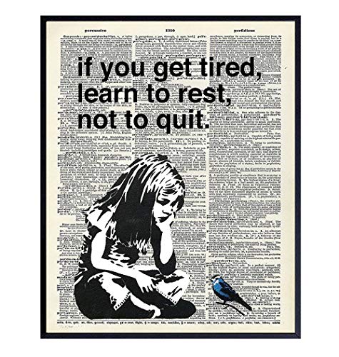 Banksy Rest Don't Quit - Unframed Dictionary Wall Art Print - Makes a Great Gift for Home Decor, Living Room, Bedroom - Ready to Frame (8X10) Vintage Photo - Girl with Bird