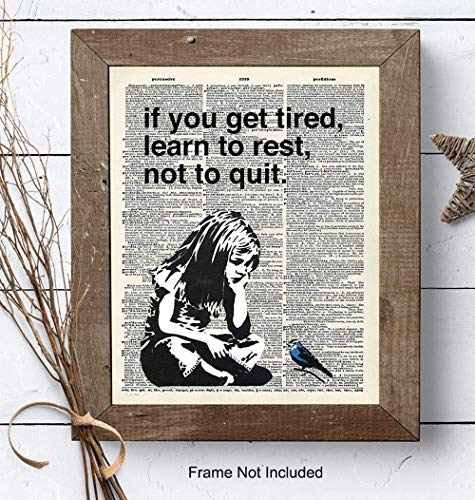 Banksy Rest Don't Quit - Unframed Dictionary Wall Art Print - Makes a Great Gift for Home Decor, Living Room, Bedroom - Ready to Frame (8X10) Vintage Photo - Girl with Bird