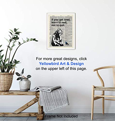 Banksy Rest Don't Quit - Unframed Dictionary Wall Art Print - Makes a Great Gift for Home Decor, Living Room, Bedroom - Ready to Frame (8X10) Vintage Photo - Girl with Bird