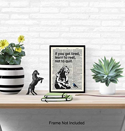 Banksy Rest Don't Quit - Unframed Dictionary Wall Art Print - Makes a Great Gift for Home Decor, Living Room, Bedroom - Ready to Frame (8X10) Vintage Photo - Girl with Bird