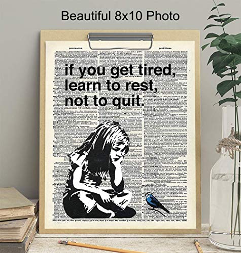 Banksy Rest Don't Quit - Unframed Dictionary Wall Art Print - Makes a Great Gift for Home Decor, Living Room, Bedroom - Ready to Frame (8X10) Vintage Photo - Girl with Bird