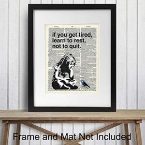 Banksy Rest Don't Quit - Unframed Dictionary Wall Art Print - Makes a Great Gift for Home Decor, Living Room, Bedroom - Ready to Frame (8X10) Vintage Photo - Girl with Bird