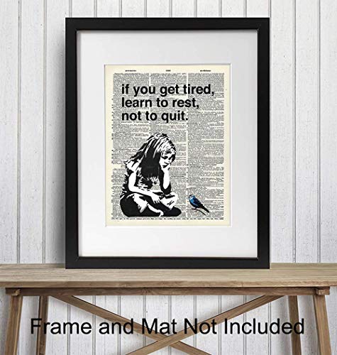 Banksy Rest Don't Quit - Unframed Dictionary Wall Art Print - Makes a Great Gift for Home Decor, Living Room, Bedroom - Ready to Frame (8X10) Vintage Photo - Girl with Bird