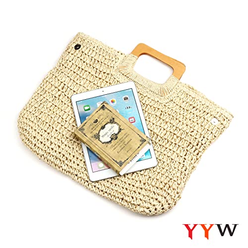 YYW Straw Tote Bag Women Hand Woven Large Casual Handbags Hobo Straw Beach Bag with Lining Pockets for Daily Use Beach Travel (Beige)