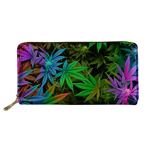 INSTANTARTS Colorful Leaf Pattern Women Pu Leather Long Wallet Travel Purse Zipper Large