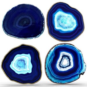 bedrock blue agate coasters for drinks – set of 4 – brazilian geode decor – (4″-4.5″ blue)