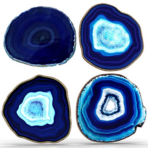 BedRock Blue Agate Coasters for Drinks - Set of 4 - Brazilian Geode Decor - (4"-4.5" Blue)