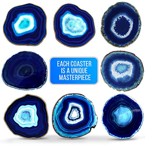 BedRock Blue Agate Coasters for Drinks - Set of 4 - Brazilian Geode Decor - (4"-4.5" Blue)