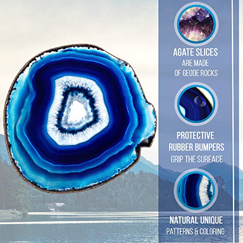 BedRock Blue Agate Coasters for Drinks - Set of 4 - Brazilian Geode Decor - (4"-4.5" Blue)