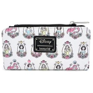 loungefly x disney princess portraits allover-print faux leather wallet (white multi, one size)