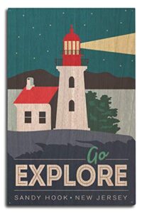 sandy hook, new jersey, go explore, lighthouse, vector style birch wood wall sign (10×15 rustic home decor, ready to hang art)